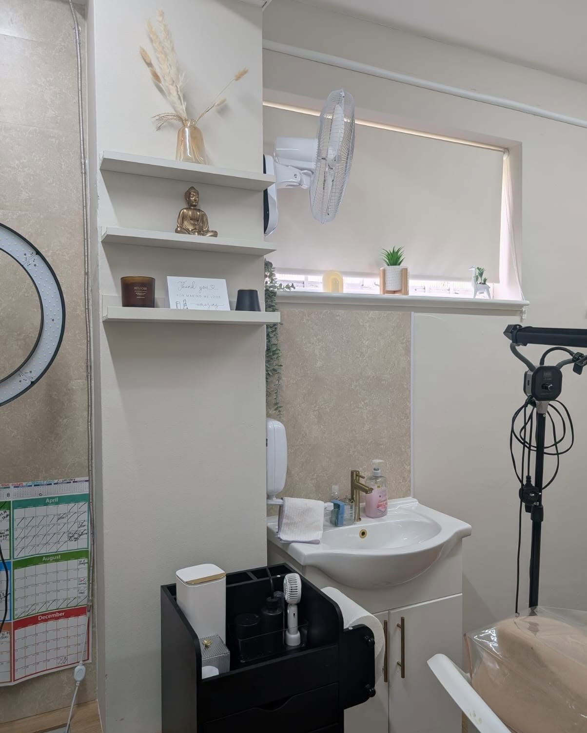 The treatment room, with shelving, a basin and a ring light